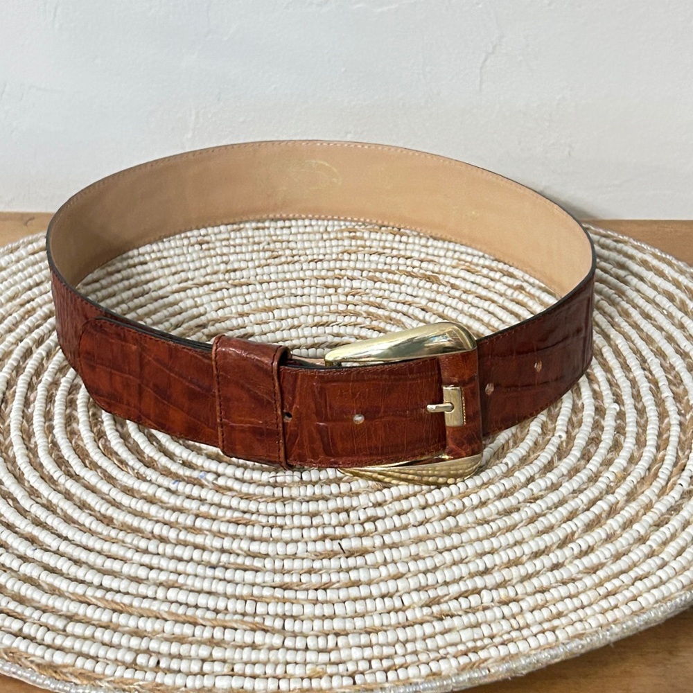 Wide Brown Charter Club Embossed Leather Belt with Gold Buckle